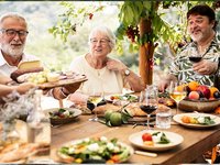 Gut gelaunte Senioren essen mediterrane Kost
